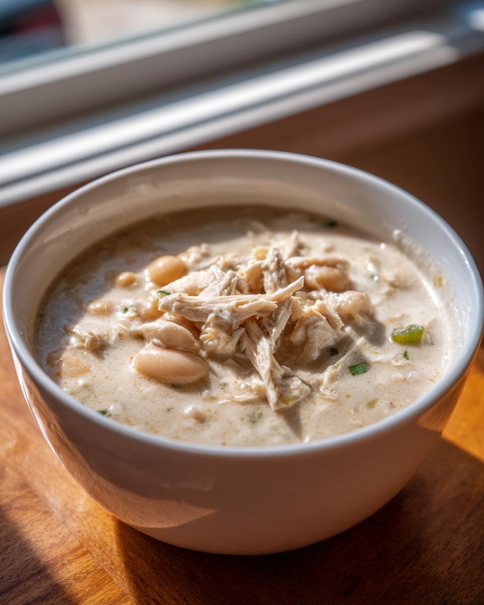 A close-up of a creamy white chicken chili topped with shredded chicken and white beans.