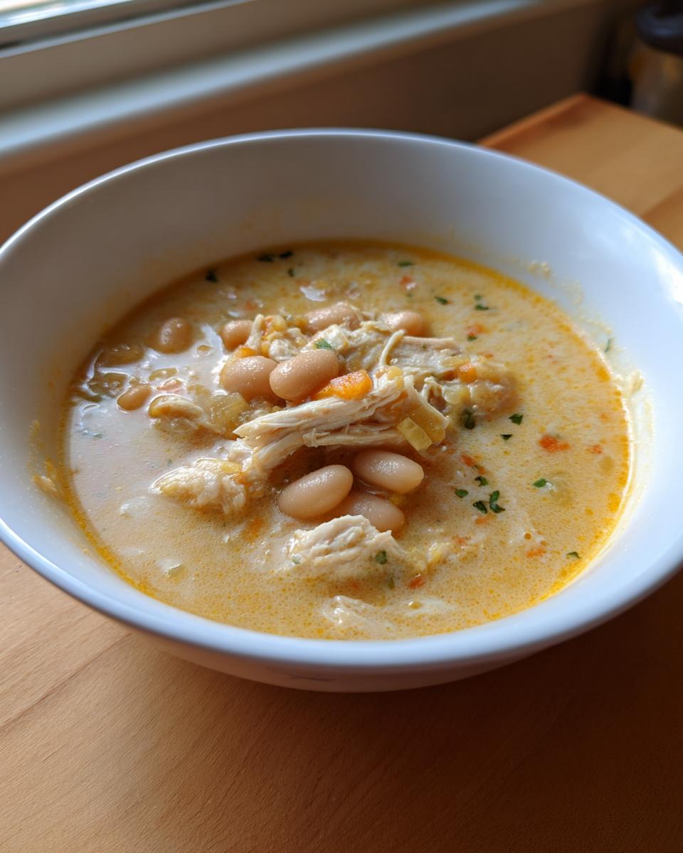 A close-up of a creamy white chicken chili topped with shredded chicken and white beans.