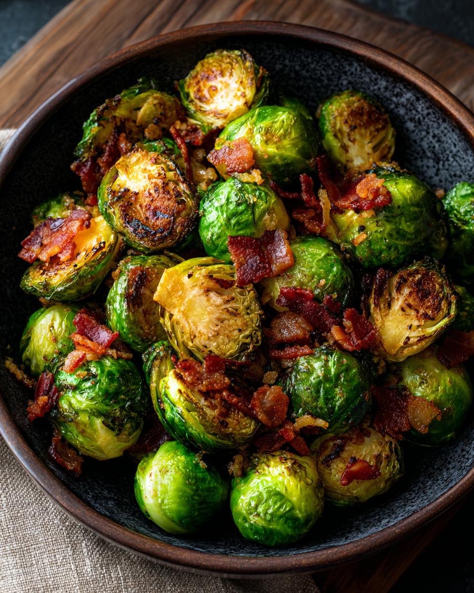 Close-up of crispy Brussels sprouts tossed with crumbled bacon in a dark bowl.