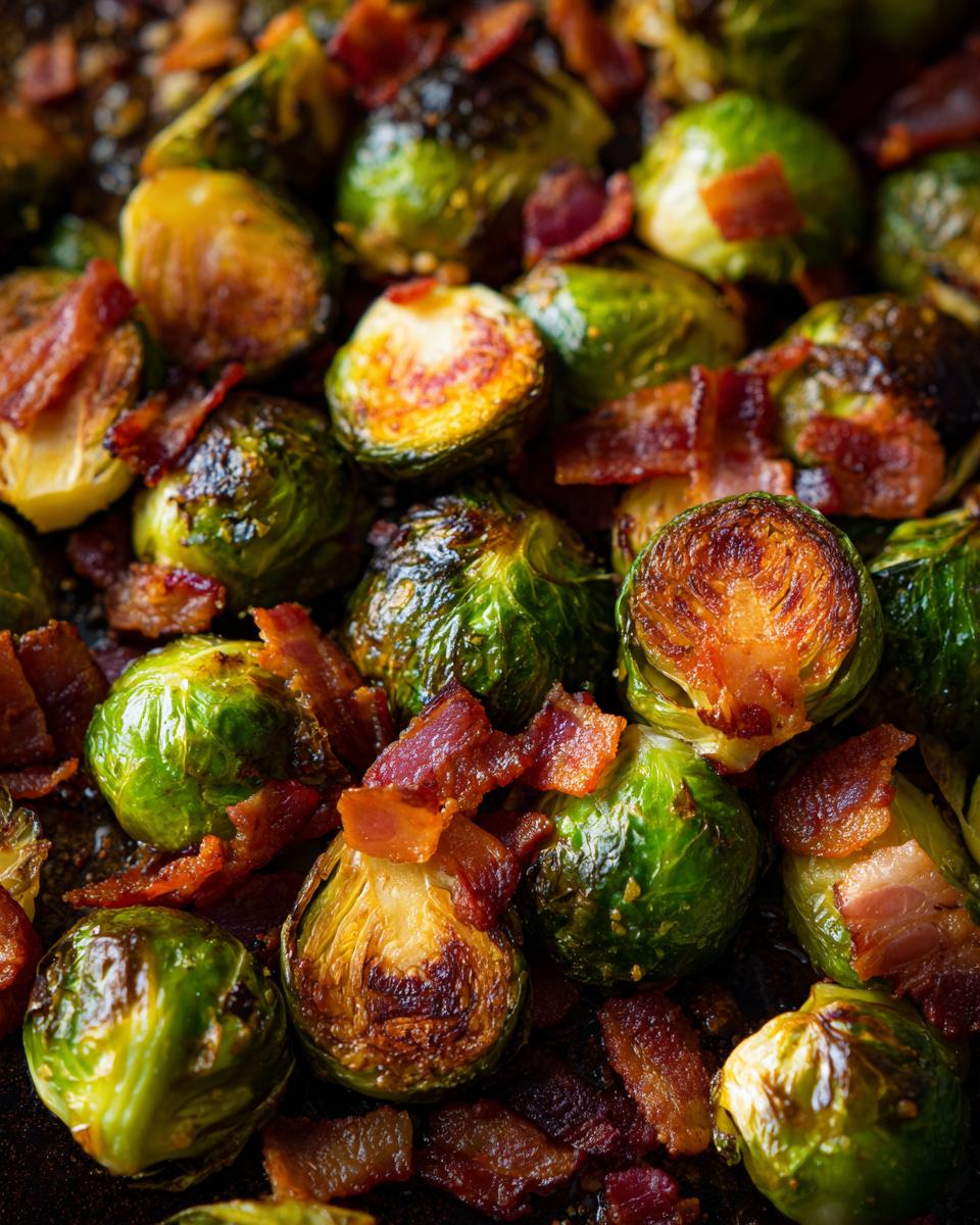 Close-up of roasted Brussels sprouts mixed with crispy bacon pieces.