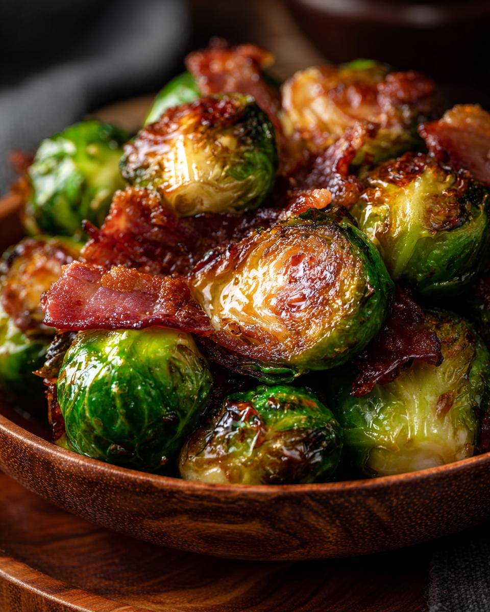 Close-up of roasted Brussels sprouts mixed with crispy bacon in a wooden bowl.