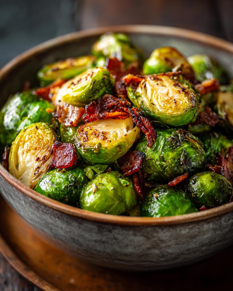 Close-up of crispy Brussels sprouts mixed with crumbled bacon in a rustic bowl.