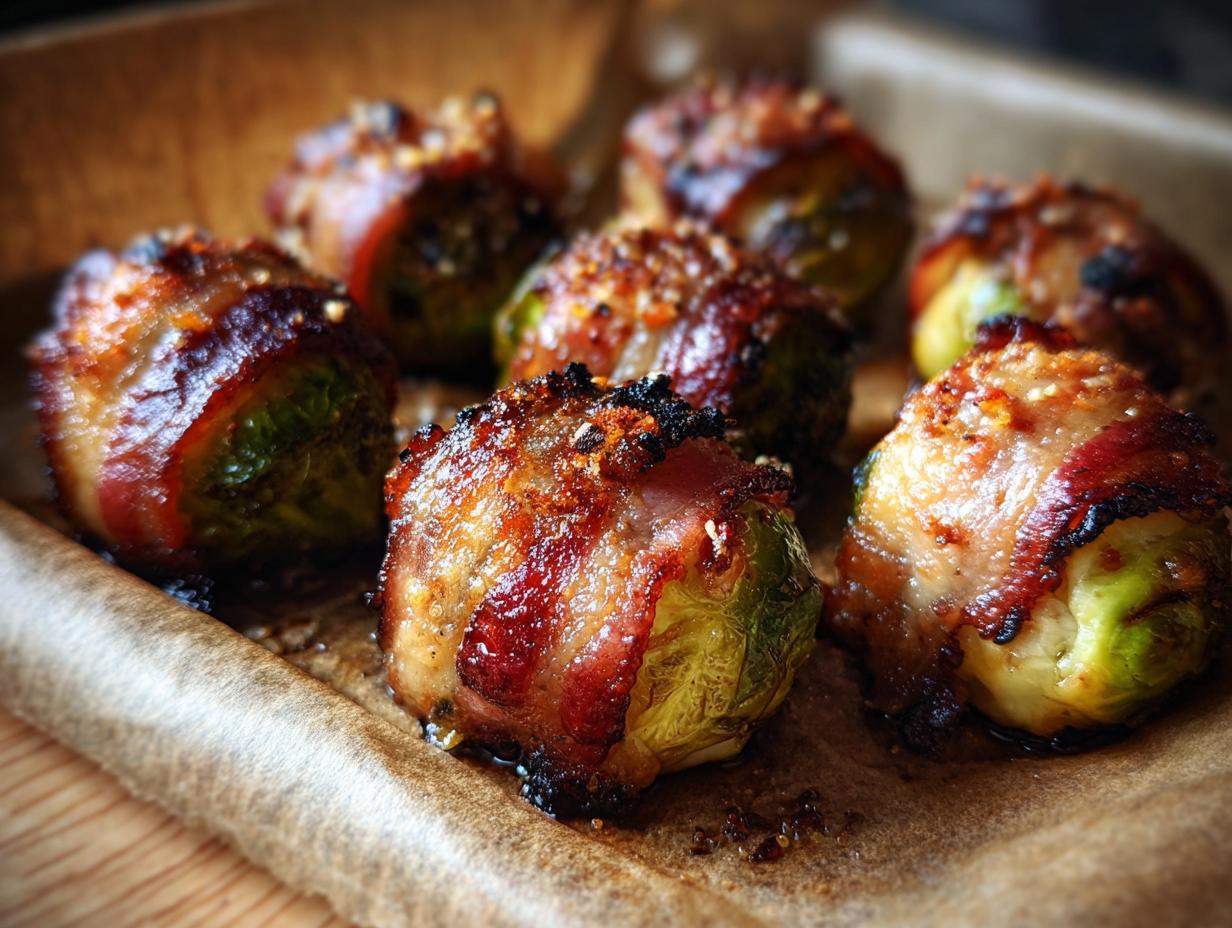 Close-up of crispy Brussels sprouts wrapped in bacon, seasoned and roasted to perfection.