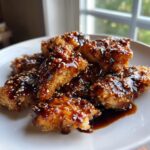 Close-up of crispy fried chicken pieces generously coated in shiny teriyaki sauce and sprinkled with sesame seeds.