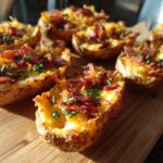 Close-up of crispy potato skins loaded with melted cheese, crumbled bacon, and fresh chives.
