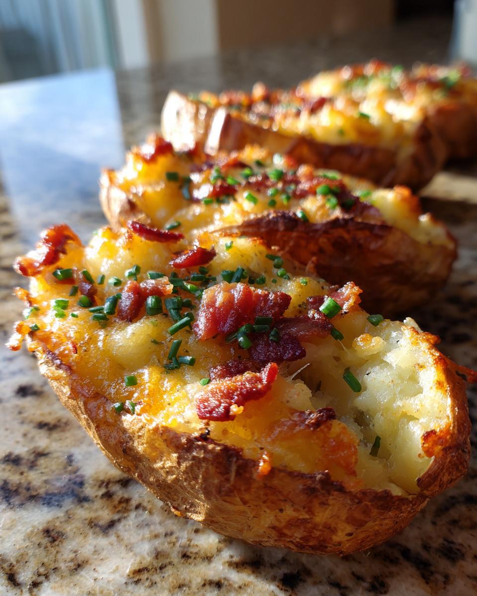 Close-up of crispy potato skins loaded with melted cheese, bacon bits, and chopped chives.