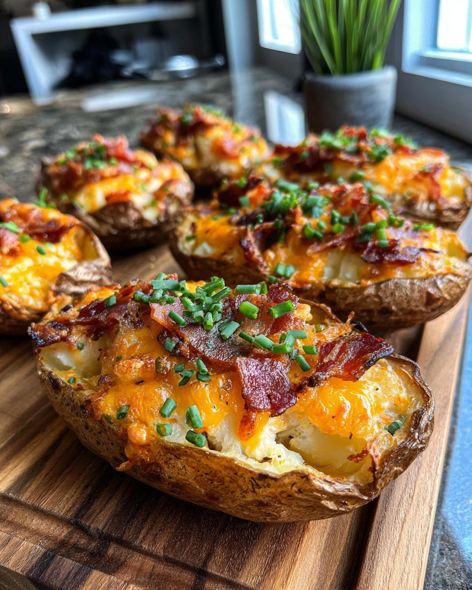 Close-up of crispy potato skins loaded with melted cheddar cheese, crispy bacon bits, and fresh chives.