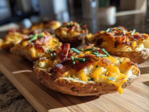 Close-up of crispy potato skins loaded with melted cheddar cheese, bacon bits, and fresh chives.