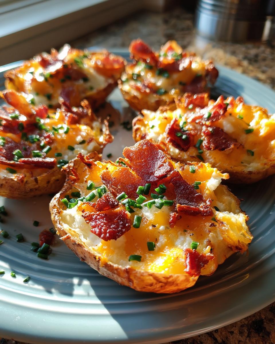 Close-up of crispy potato skins loaded with melted cheese, bacon bits, and fresh chives.