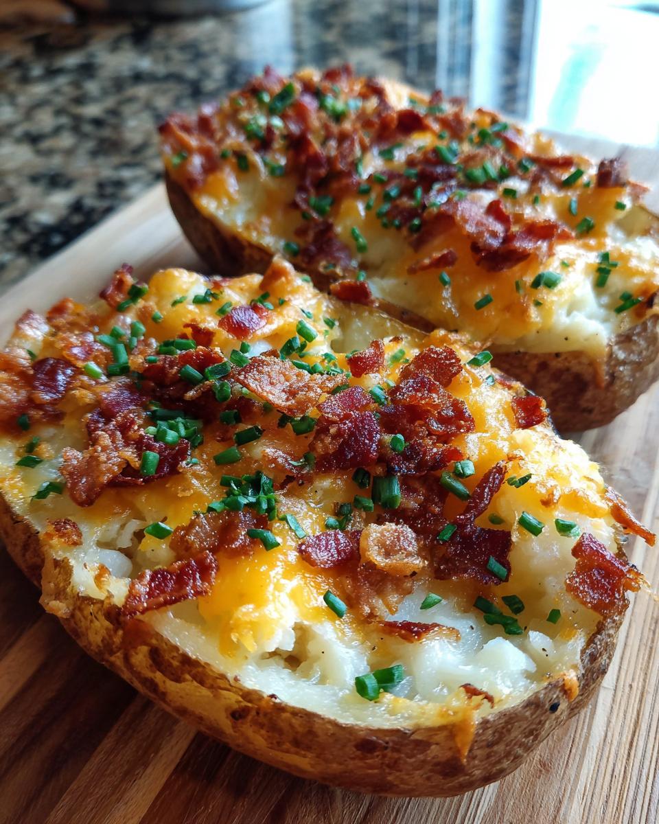 Two loaded potato skins topped with melted cheese, crispy bacon bits, and fresh chives.