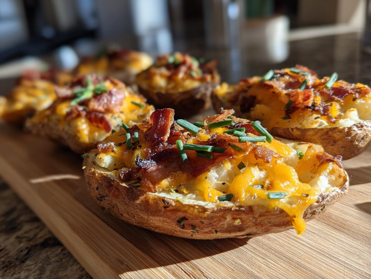 Close-up of crispy potato skins loaded with melted cheddar cheese, bacon bits, and fresh chives.