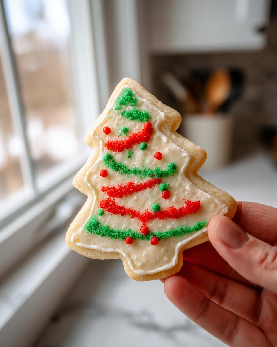 A hand holding a beautifully decorated Christmas sugar cookie shaped like a tree with white icing and red/green sprinkles.