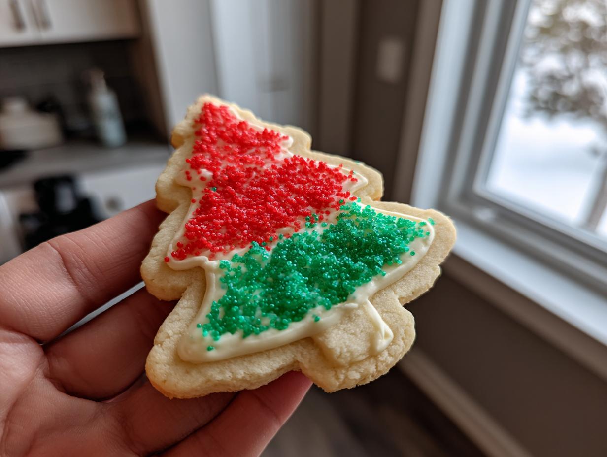 Hand holding a tree-shaped Christmas sugar cookies decorated with white icing and red and green sprinkles.