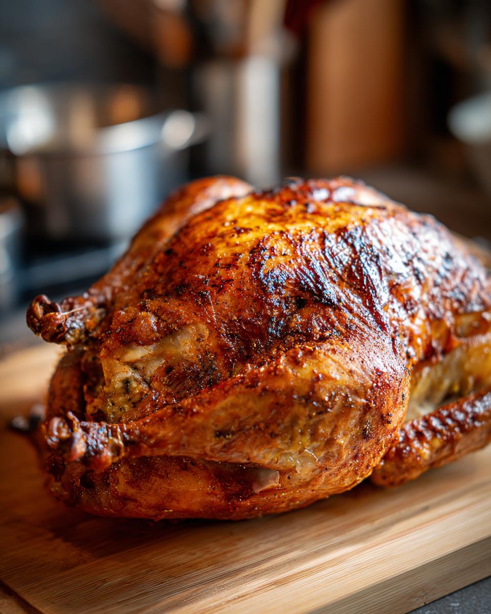 A perfectly cooked, golden-brown deep-fried turkey resting on a wooden cutting board.