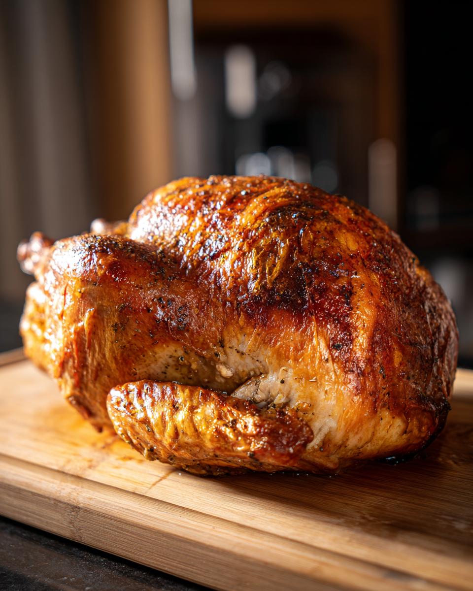 A perfectly cooked, golden-brown deep-fried turkey resting on a wooden cutting board.