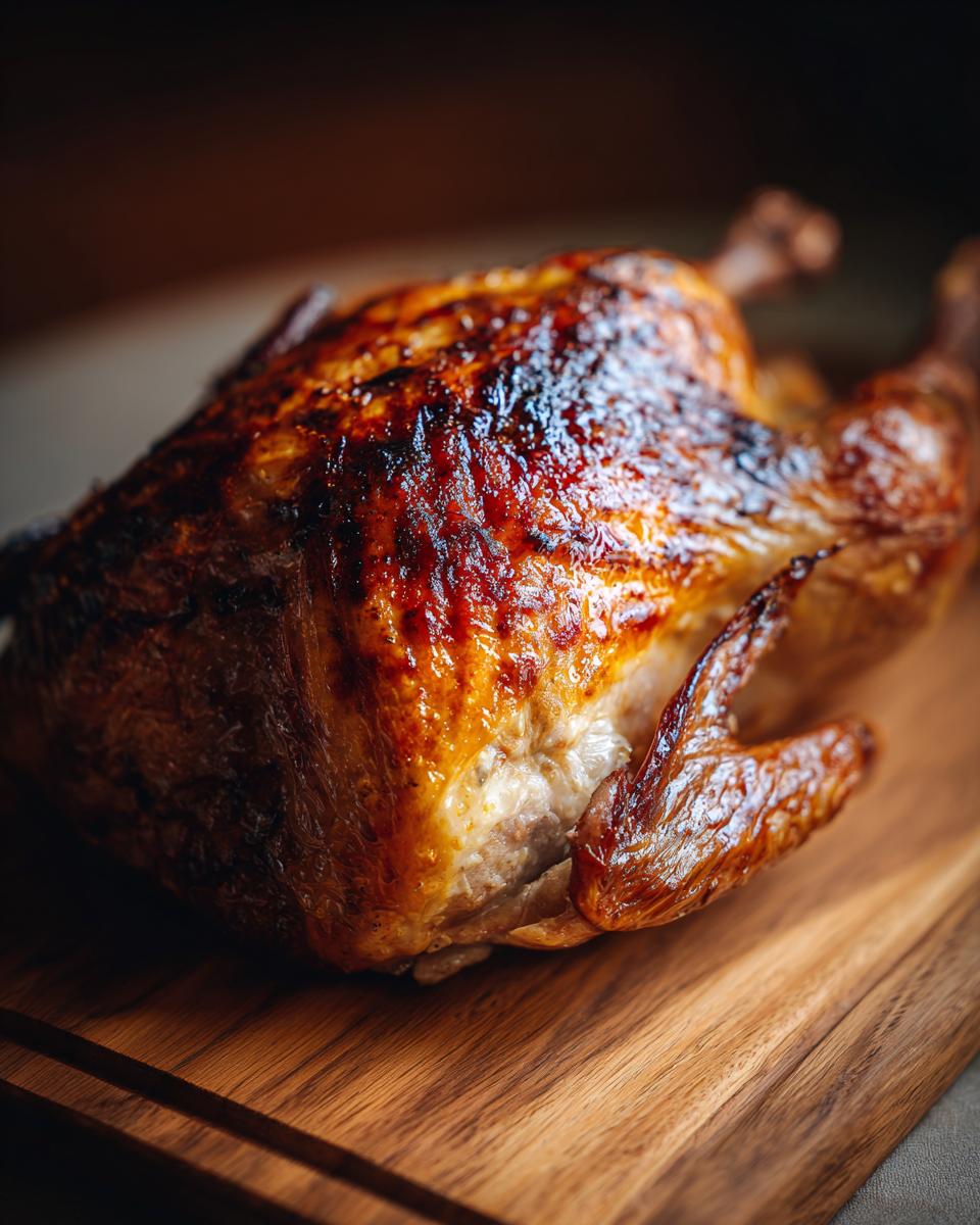 A perfectly cooked, golden-brown deep-fried turkey resting on a rustic wooden cutting board.
