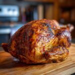 A perfectly cooked, golden-brown deep-fried turkey resting on a wooden cutting board, showcasing its crispy skin.