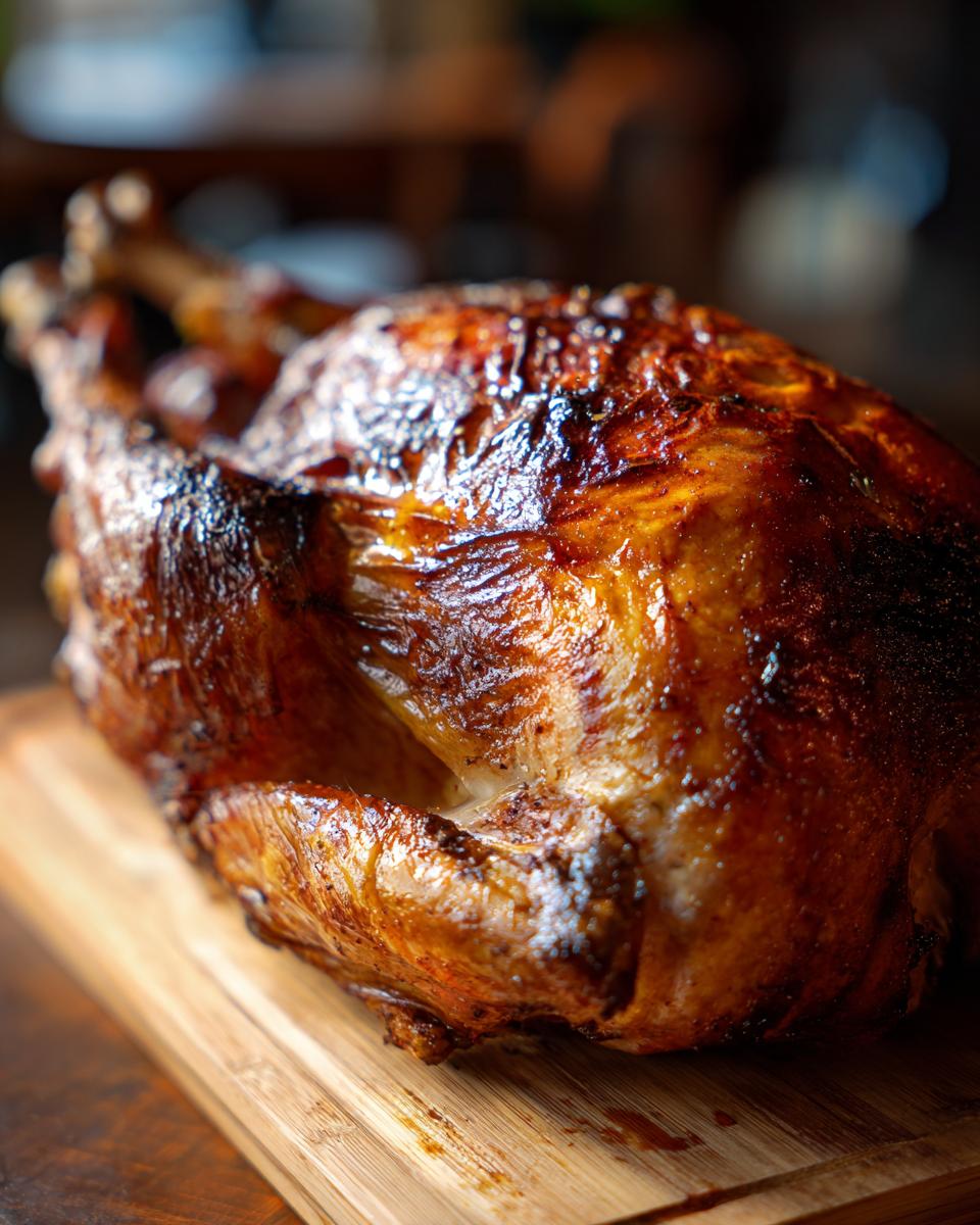 A perfectly cooked, golden-brown deep-fried turkey rests on a wooden cutting board, showcasing its crispy skin.