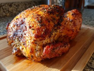 A perfectly cooked deep-fried turkey with golden-brown, crispy skin and herbs, resting on a wooden cutting board.