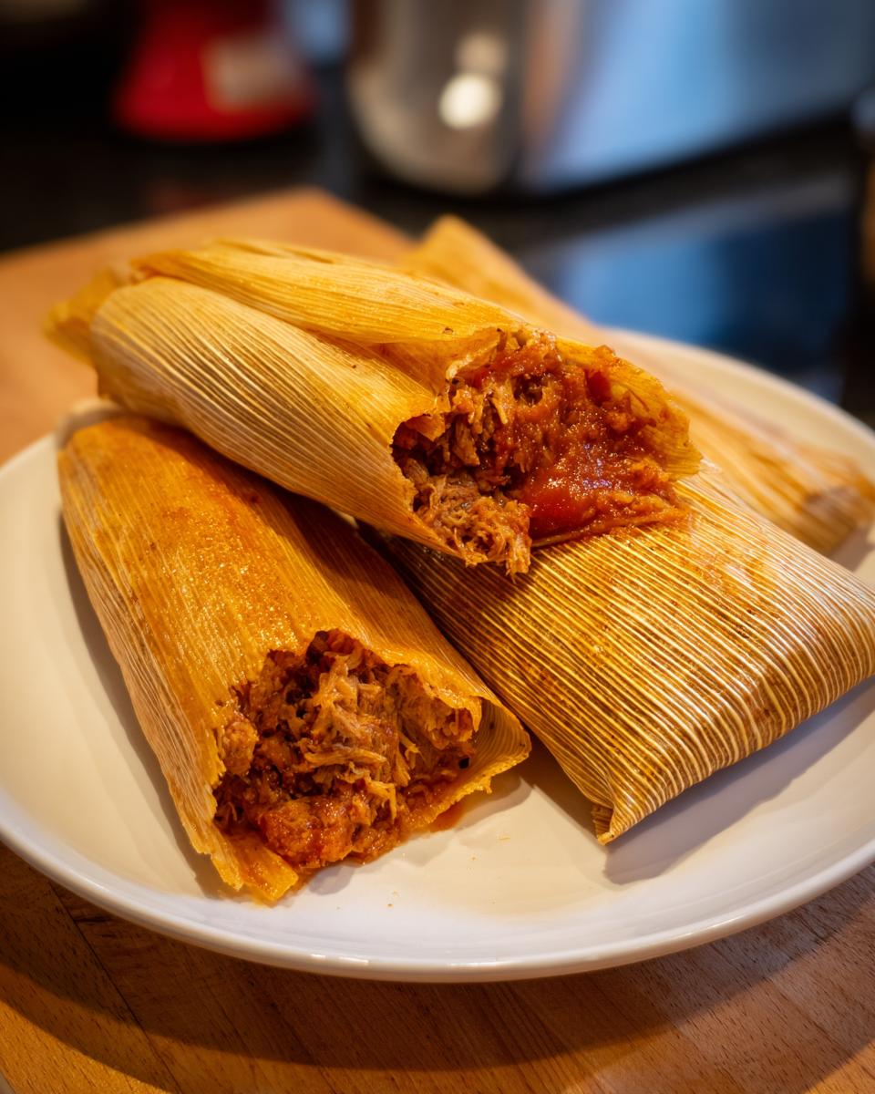 Close-up of two delicious tamales on a white plate, one partially unwrapped showing shredded meat filling.