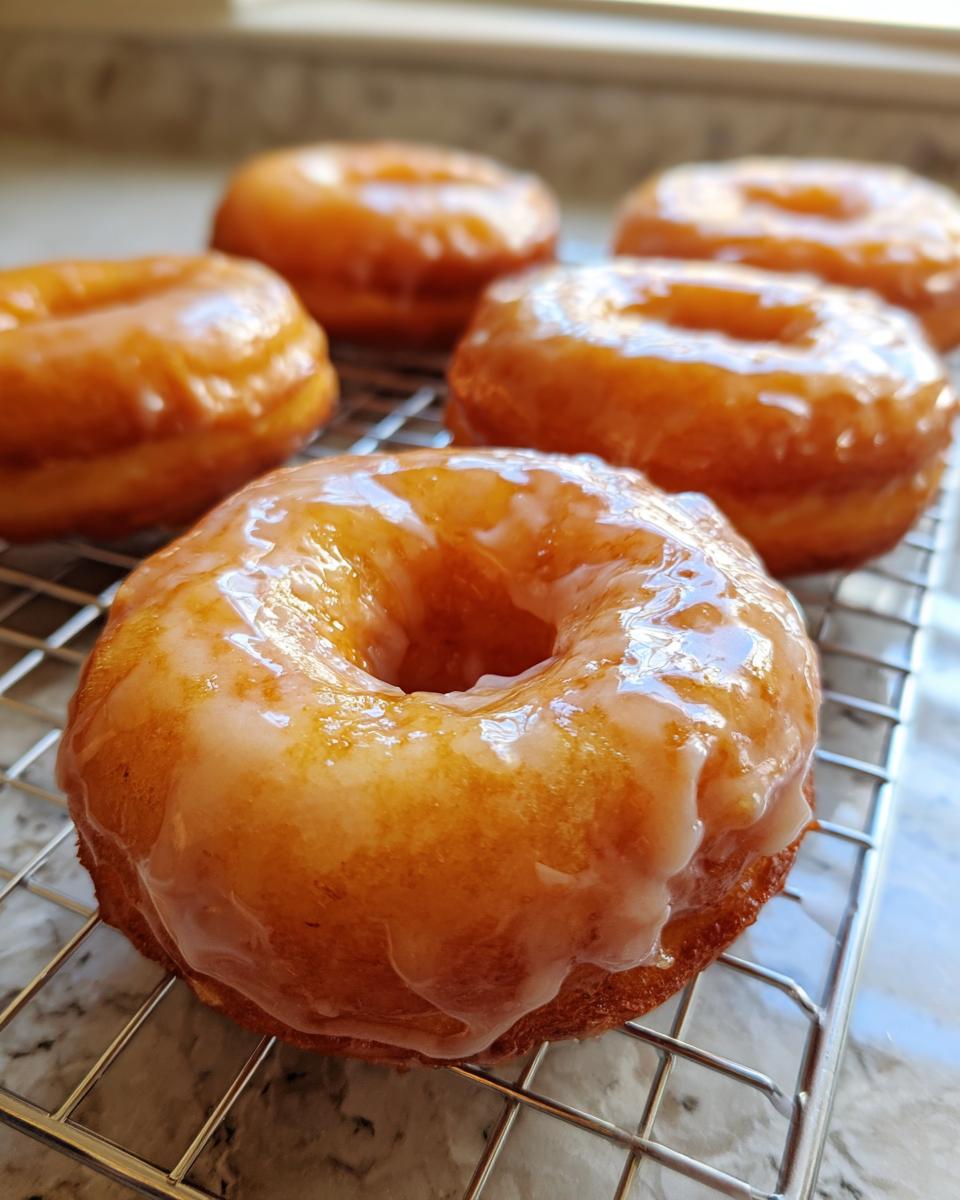 Close-up of a freshly made, shiny glazed donuts cooling on a metal wire rack.