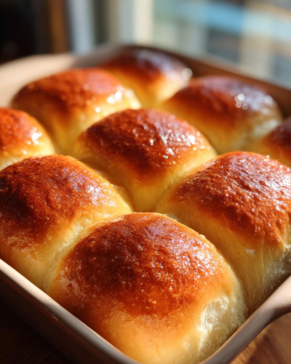 Close-up of freshly baked, golden-brown dinner rolls glistening in a baking dish.