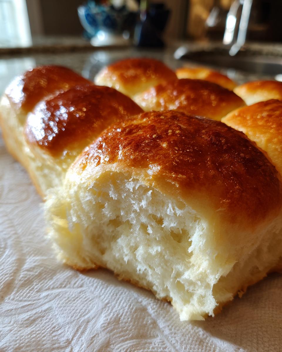 Close-up of golden-brown, fluffy dinner rolls with a soft interior, ready to be served.