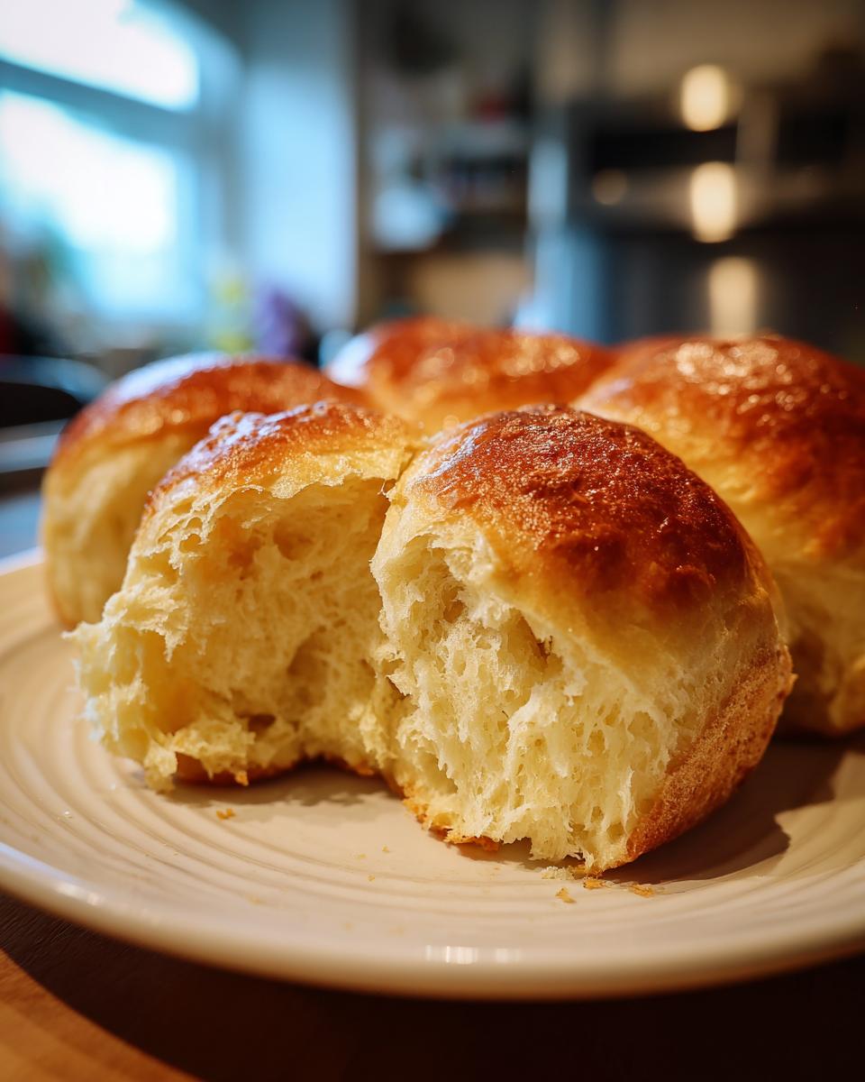 A close-up of fluffy, golden-brown dinner rolls on a plate, with one roll broken open to reveal its soft interior.