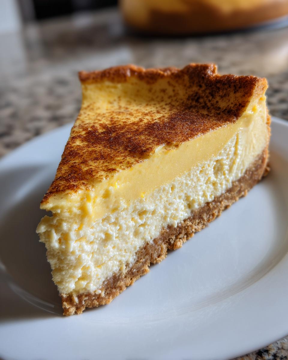 A perfect slice of creamy Eggnog cheesecake with a graham cracker crust, topped with cinnamon.