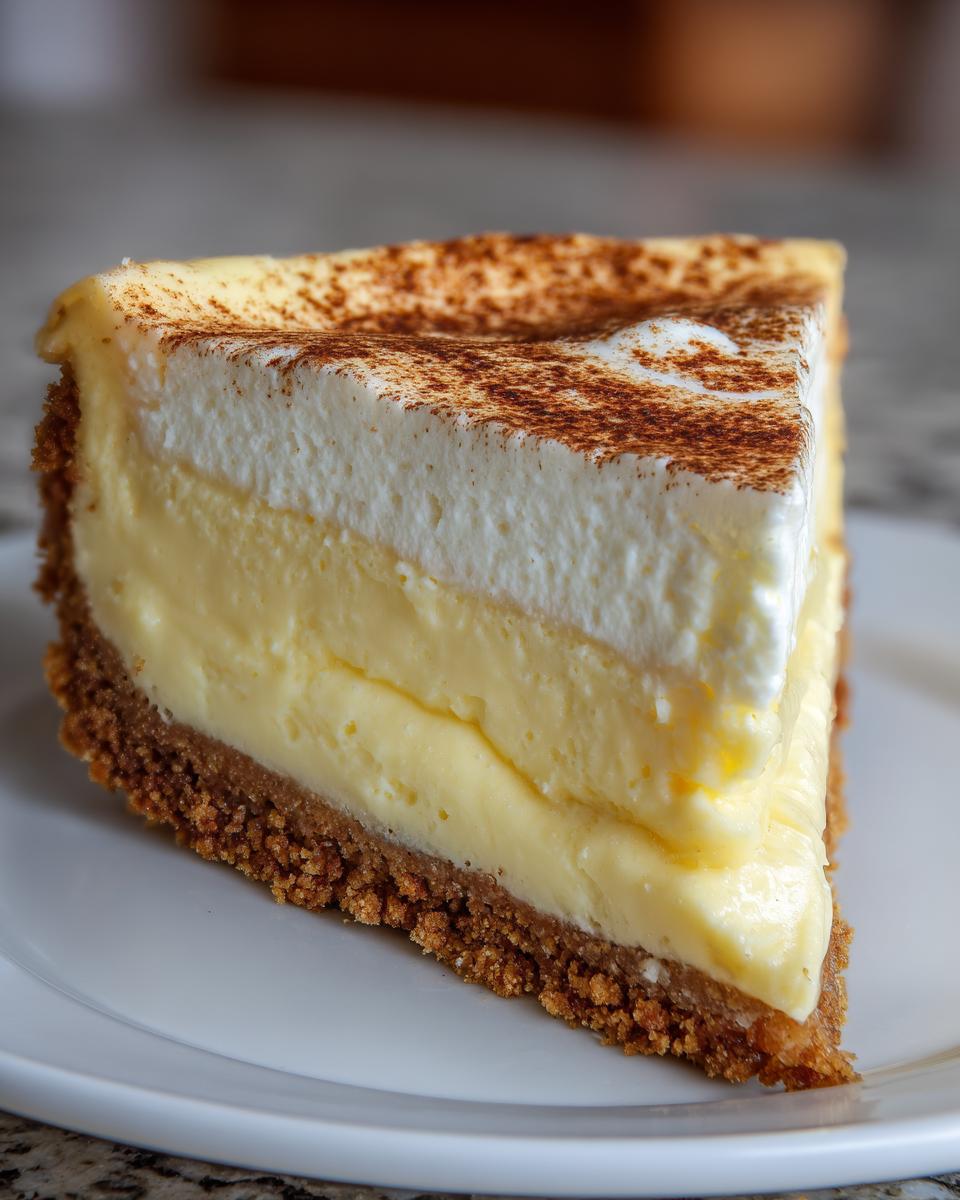 A close-up of a perfect slice of creamy eggnog cheesecake with a thick graham cracker crust and cinnamon topping.