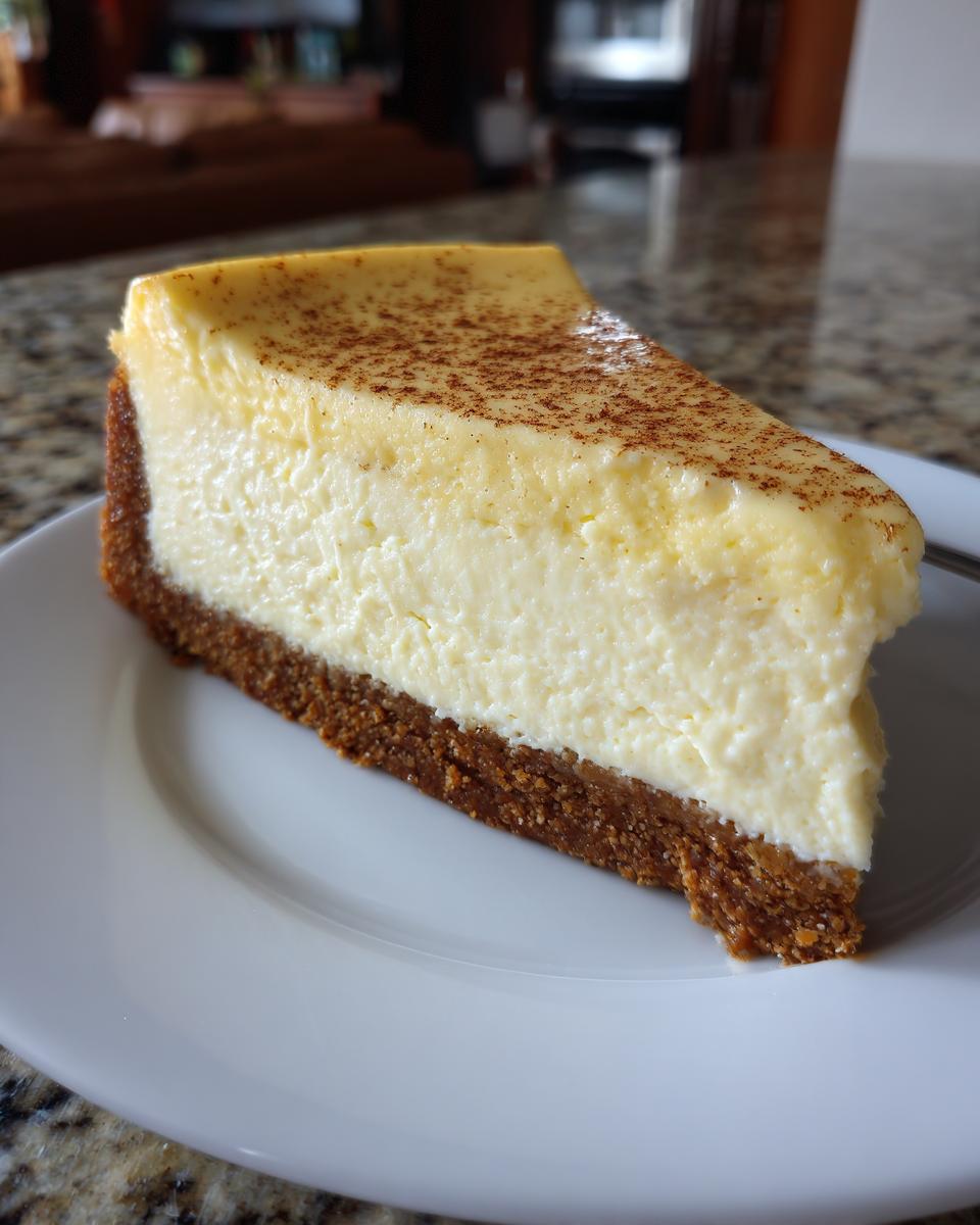 A close-up of a perfectly baked slice of Eggnog cheesecake on a white plate, topped with cinnamon.