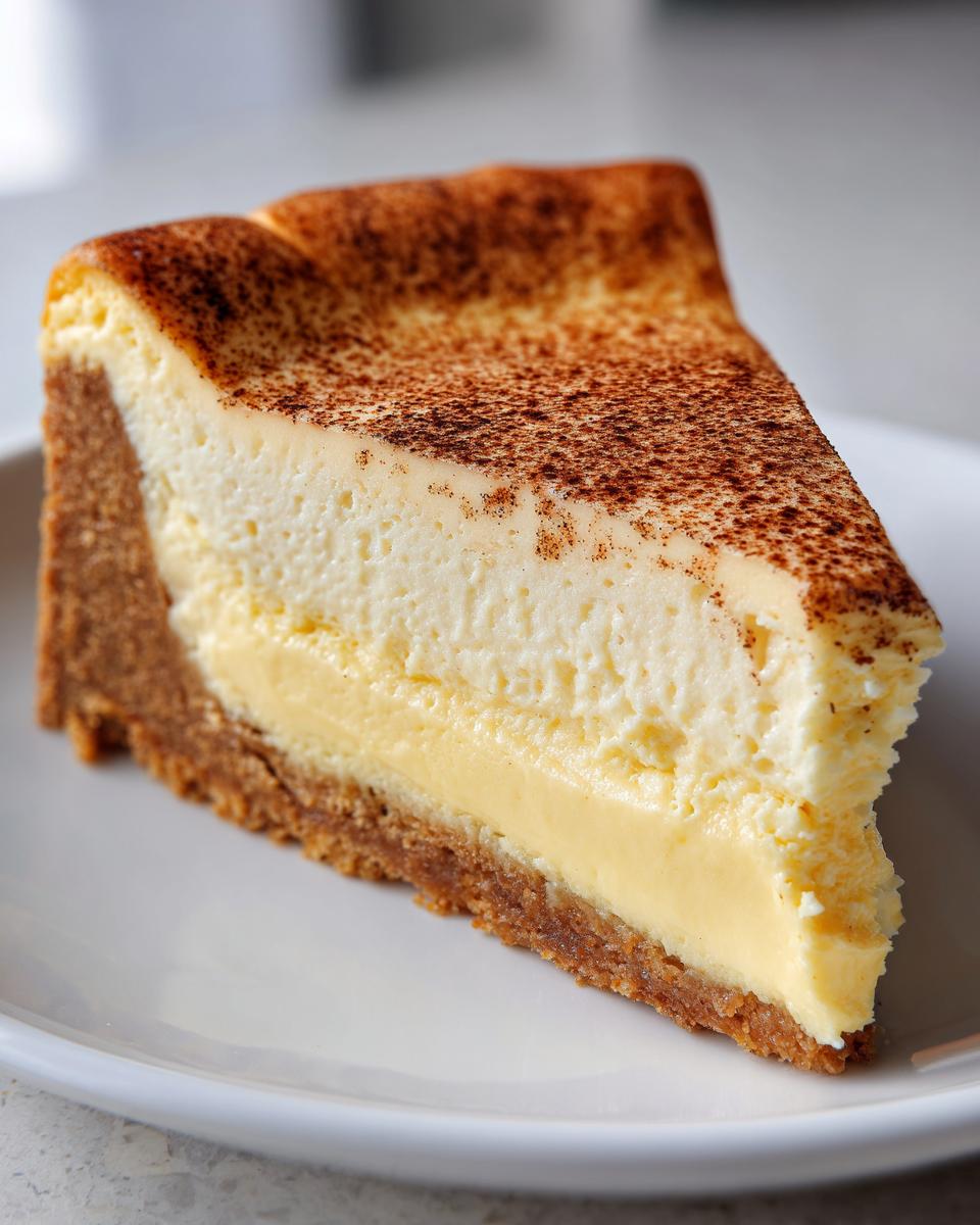 A perfect slice of Eggnog cheesecake featuring a graham cracker crust, creamy filling, and a dusting of cinnamon on top.