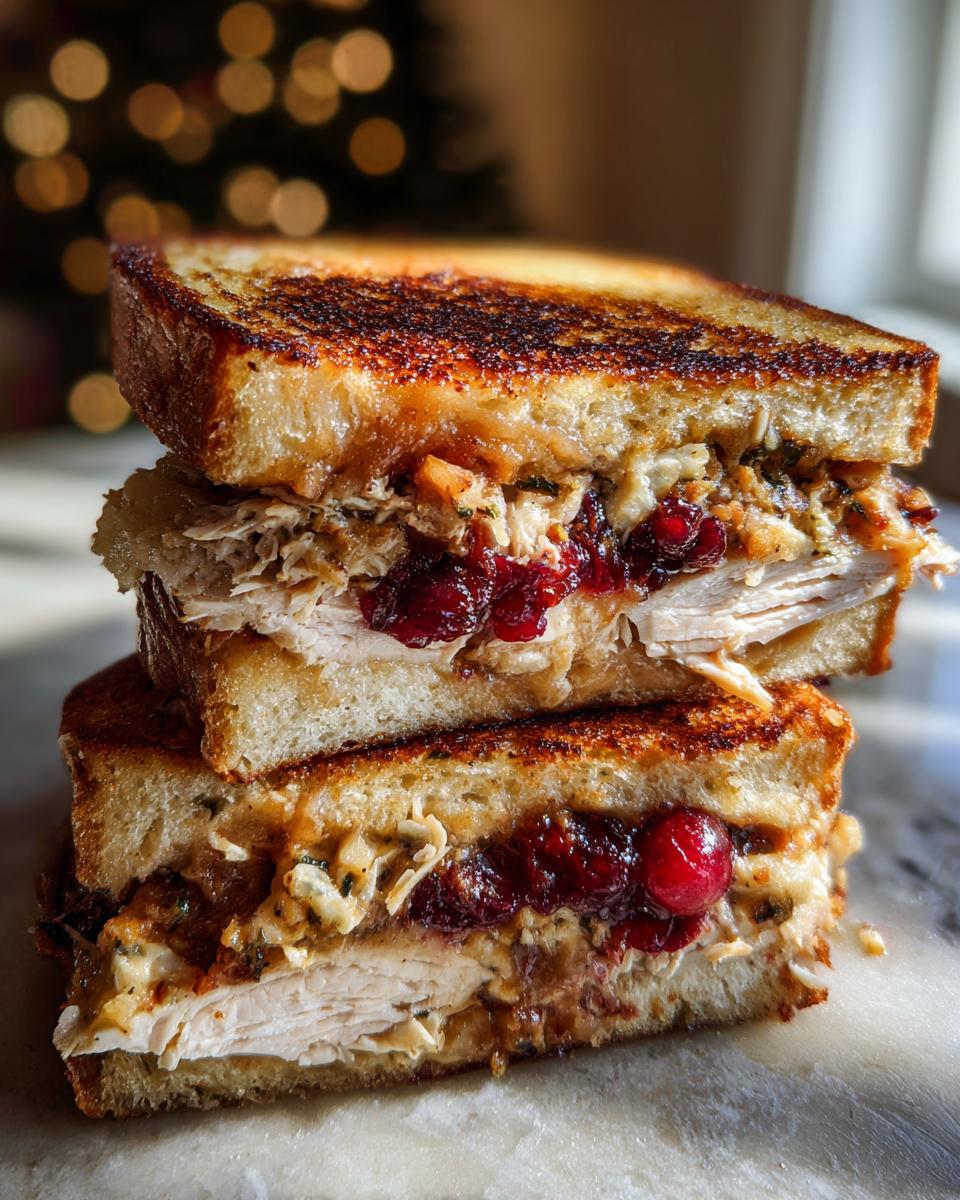 Close-up of two halves of an epic turkey sandwich stacked, filled with sliced turkey, cranberry sauce, and stuffing.