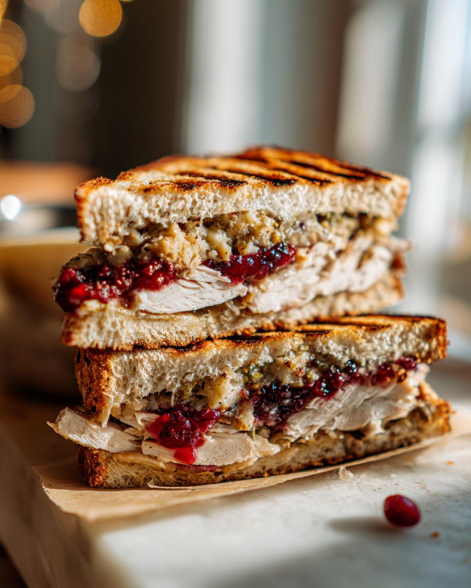 A stacked, grilled turkey sandwich filled with sliced turkey, stuffing, and cranberry sauce.