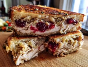 Close-up of a stacked turkey sandwich, featuring sliced turkey, cranberry sauce, and stuffing between toasted bread.