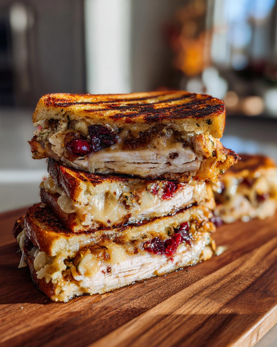 A stack of three delicious turkey sandwiches, showcasing layers of sliced turkey, melted cheese, cranberries, and toasted bread.