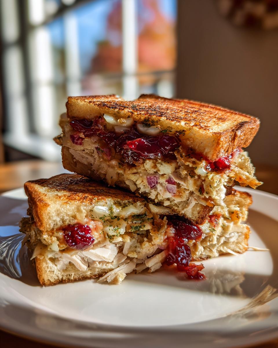 A close-up of an epic turkey sandwich, cut in half, showcasing layers of shredded turkey, cranberry sauce, and stuffing.