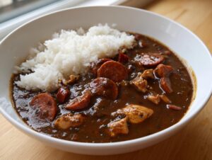A close-up of a white bowl filled with rich, dark Gumbo featuring sliced sausage and chicken, served alongside white rice.