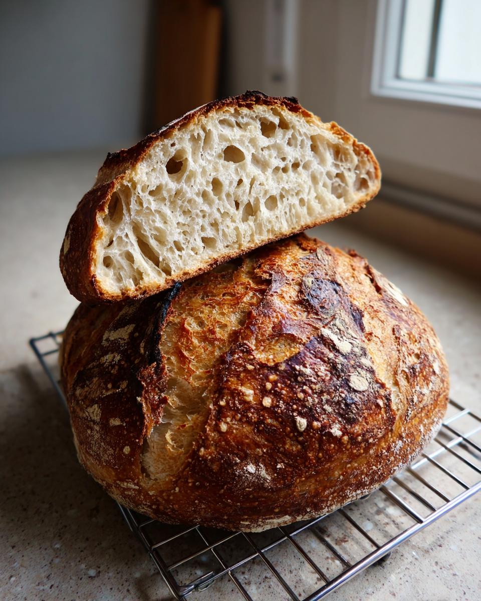 A beautifully baked sourdough bread loaf, cut in half to show the open, airy crumb structure inside.