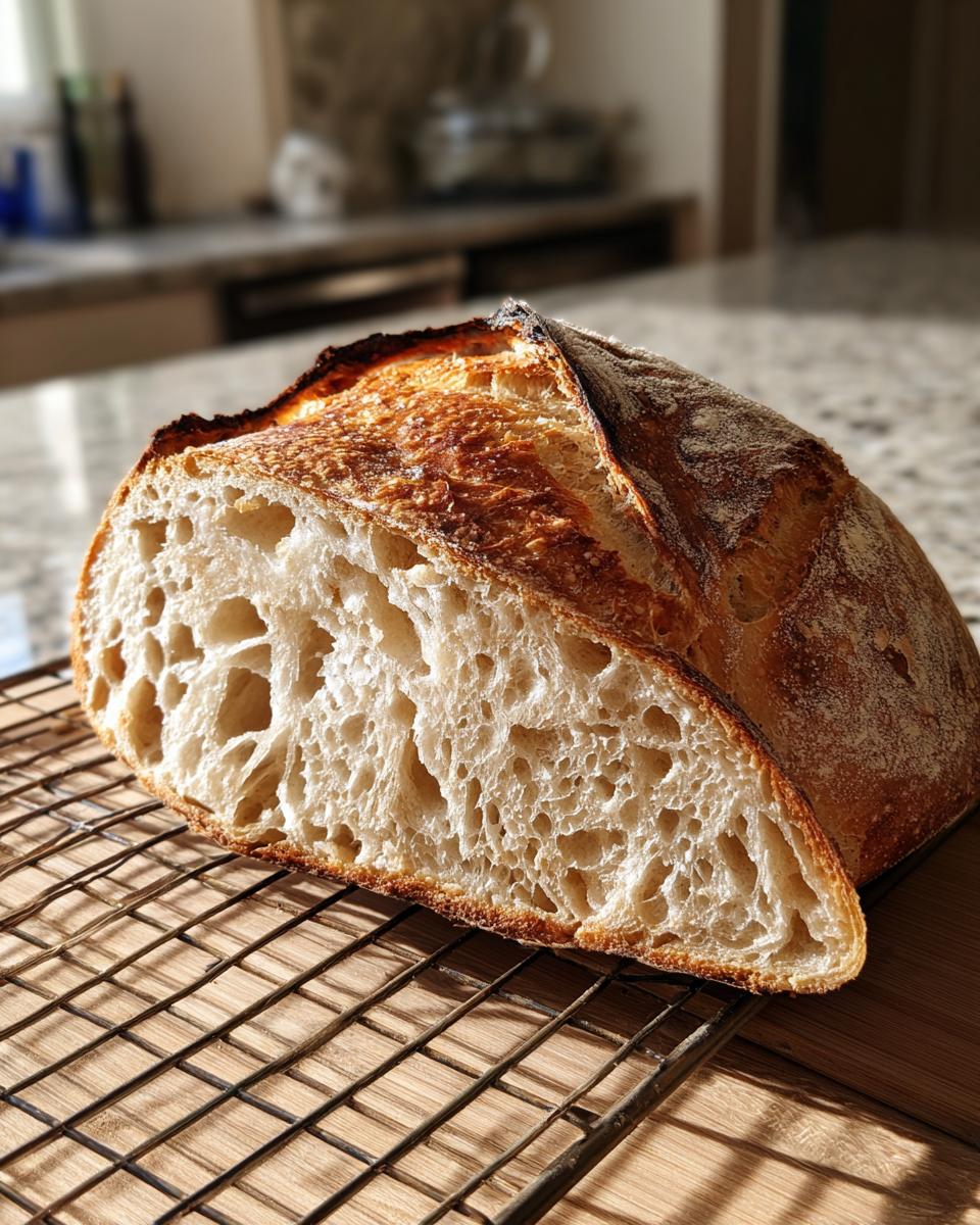 Close-up of a freshly baked sourdough bread loaf, cut in half to show the open, airy crumb structure.