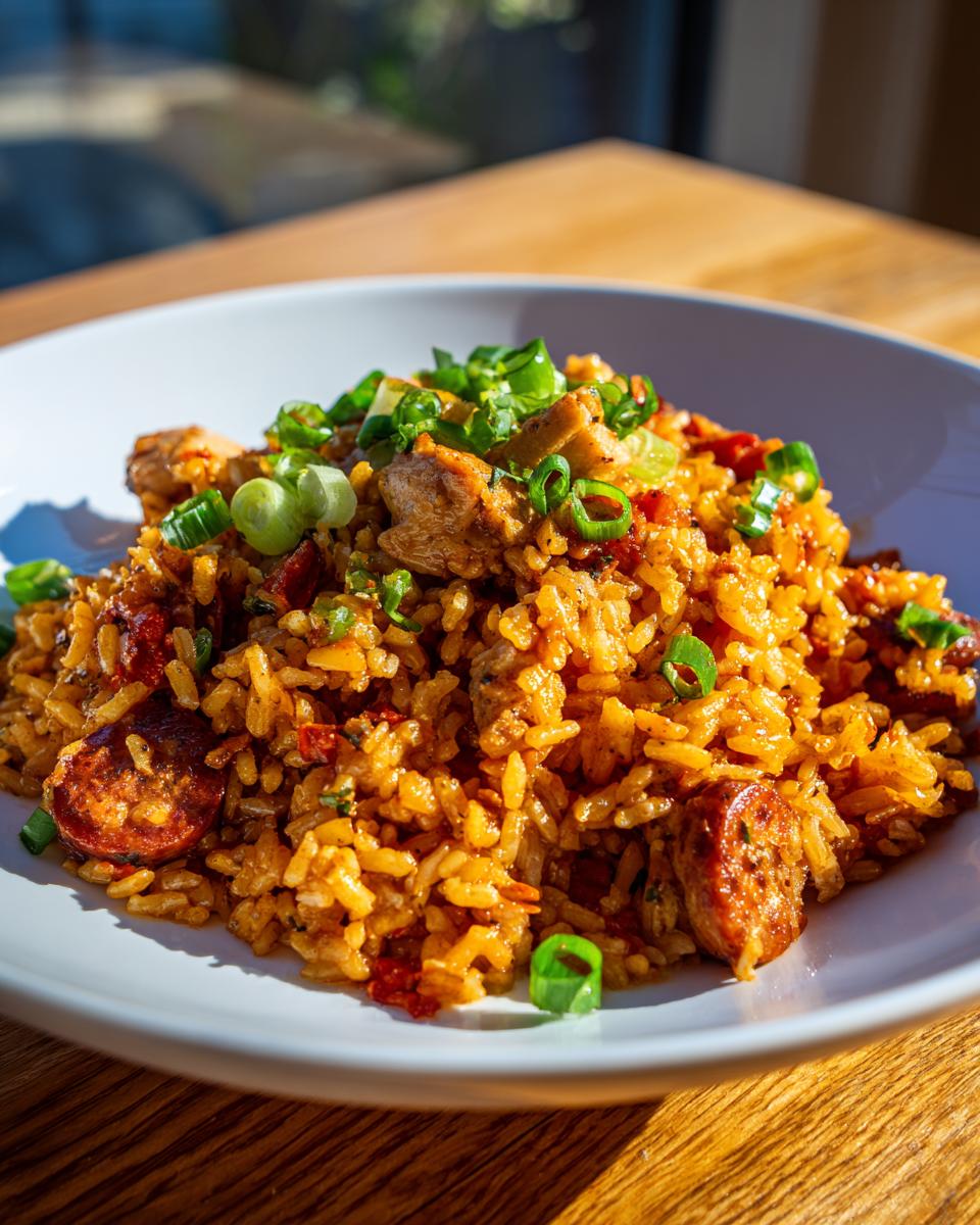 Close-up of a hearty bowl of savory Jambalaya featuring rice, chicken pieces, sliced sausage, and green onion garnish.