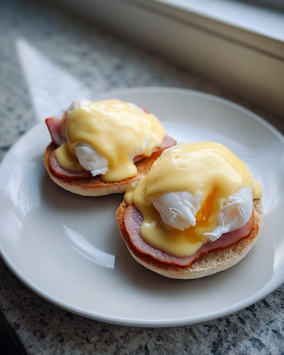 Two servings of classic eggs benedict featuring poached eggs, ham, and hollandaise sauce on English muffins.