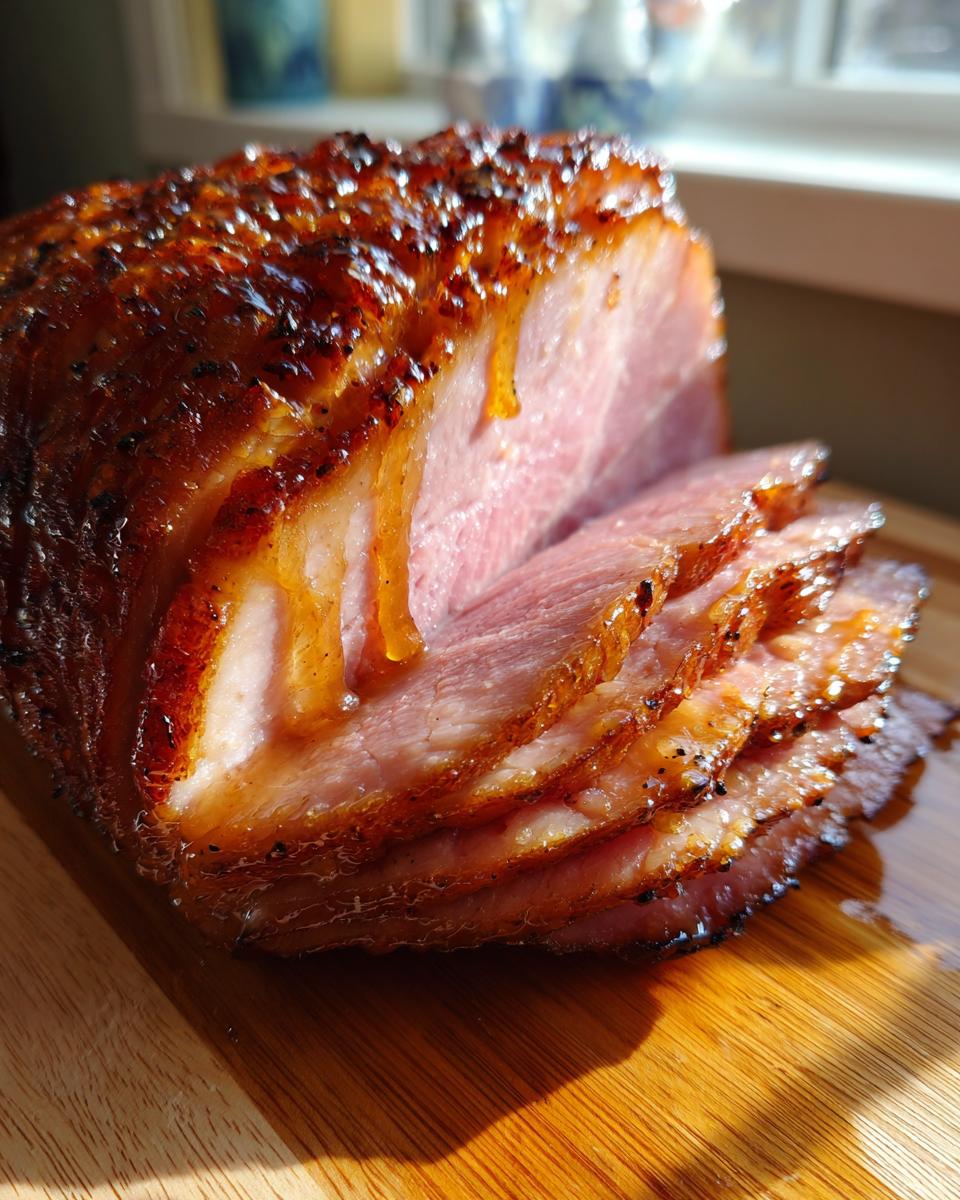 Close-up of a perfectly cooked glazed ham, partially sliced, showing the moist pink interior and sticky, caramelized glaze.