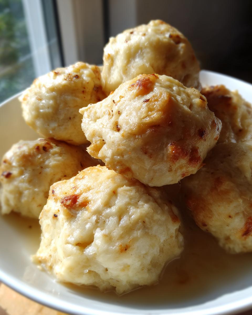Close-up of several fluffy, golden-brown 30 minute dumplings resting in a small amount of savory broth.