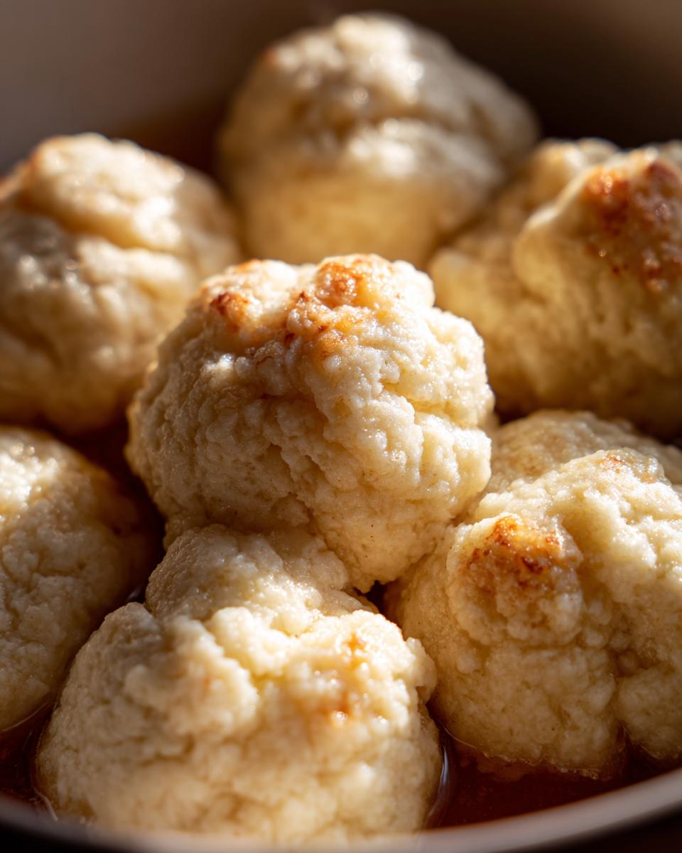 Close-up of several fluffy, light-colored dumplings sitting in a shallow amount of brown liquid or broth.
