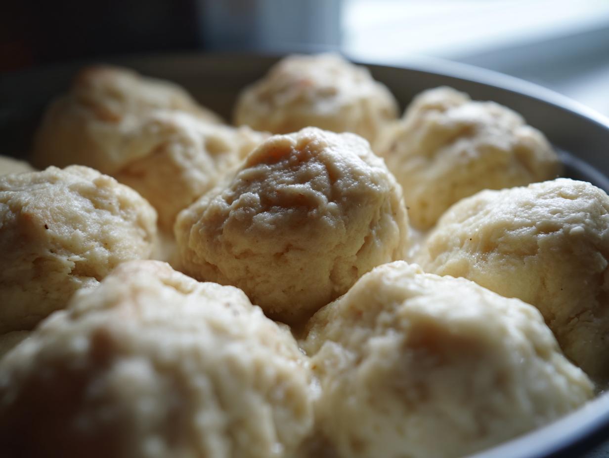 Close-up of several freshly cooked, fluffy dumplings nestled together in a round baking dish.