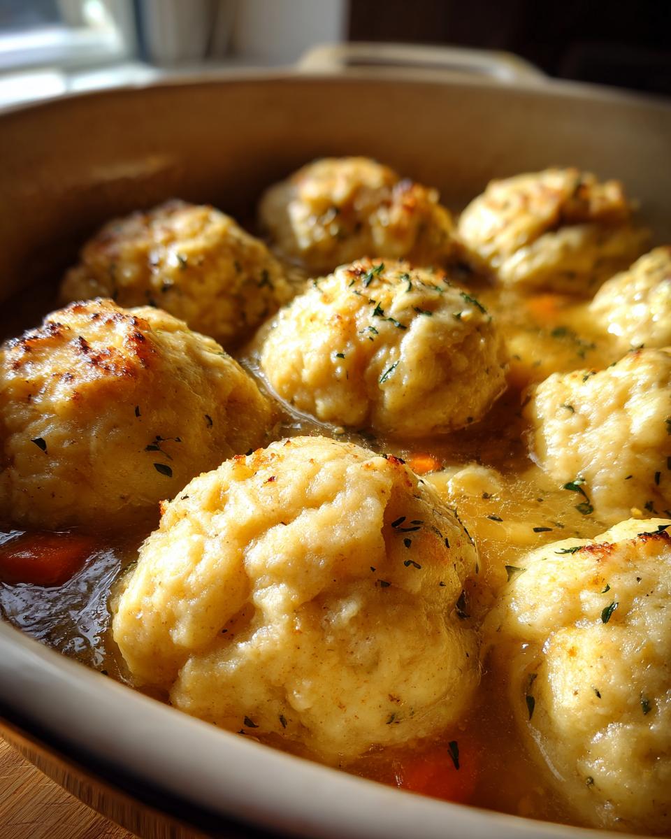 Close-up of several fluffy, golden-brown dumplings simmering in a rich, savory broth with visible carrots.