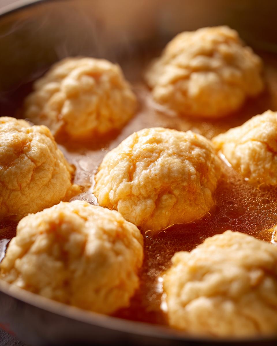Close-up of several fluffy, golden dumplings simmering in a rich, brown liquid or broth.