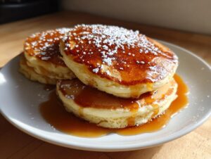 A stack of three fluffy Gingerbread pancakes drizzled with syrup and dusted with powdered sugar.