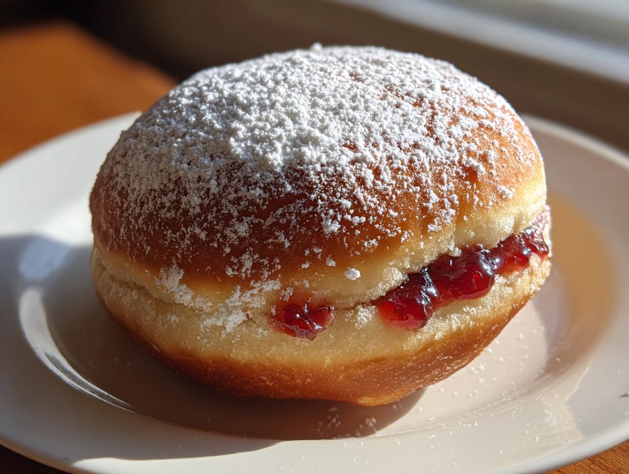A close-up of a golden-brown, round Sufganiyot generously dusted with powdered sugar and filled with bright red jam.